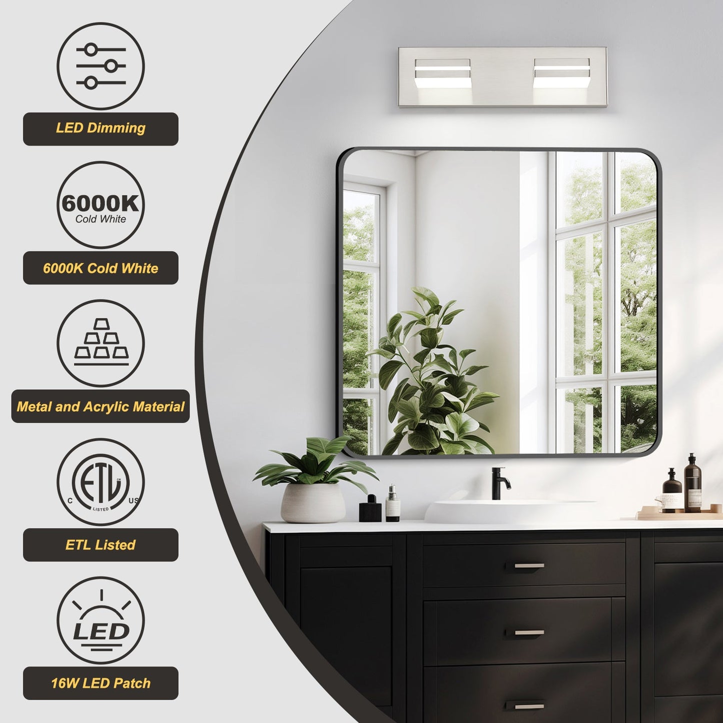 Bathroom Vanity Light Fixture 2-Light Brushed Nickel Modern Mirror Dimmable Cold White 24W ETL Listed - okeli lights