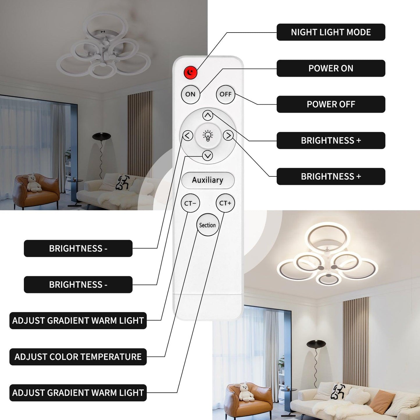 Modern LED Ceiling Light Dimmable 6 Rings Flush Mount Fixtures - okeli lights
