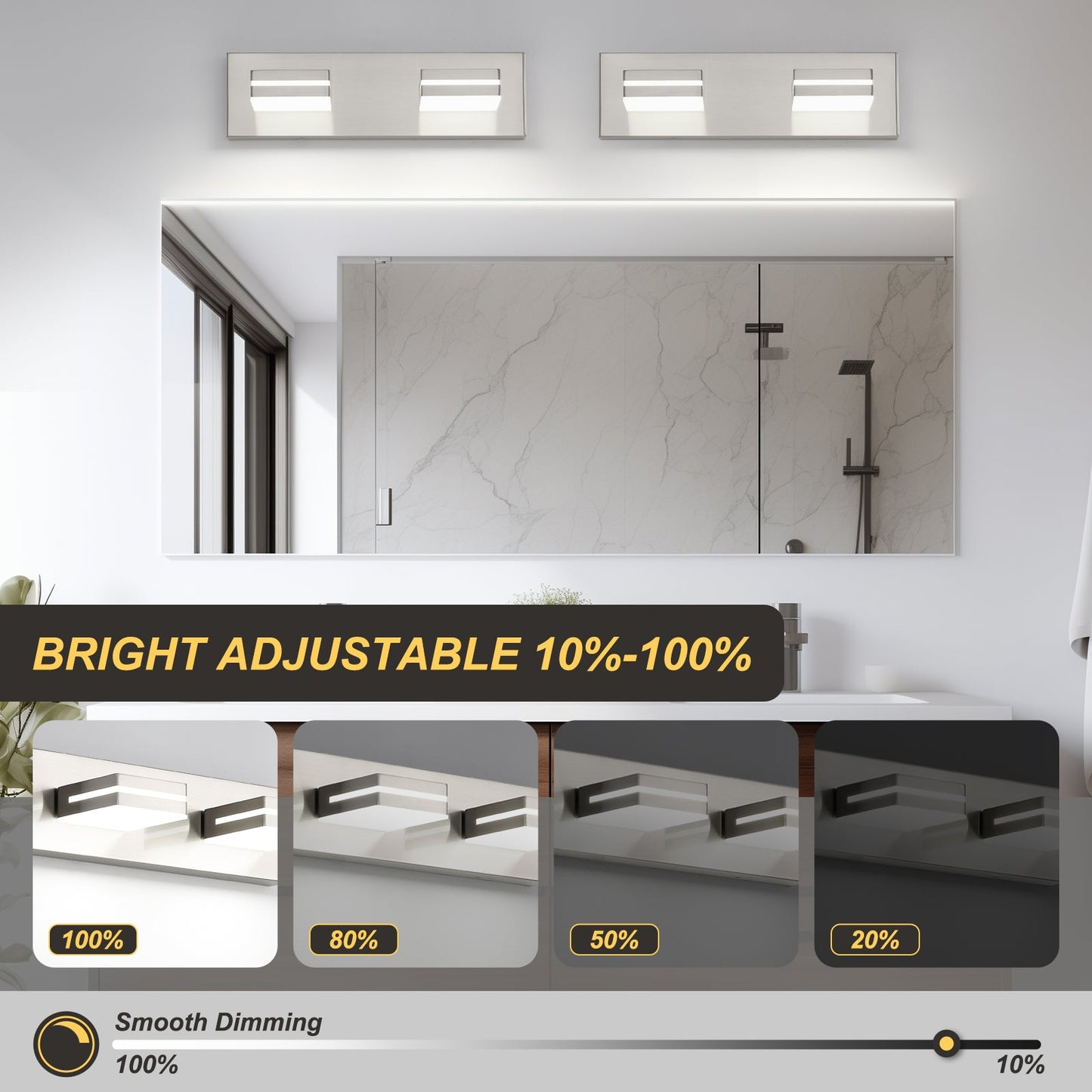 Bathroom Vanity Light Fixture 2-Light Brushed Nickel Modern Mirror Dimmable Cold White 24W ETL Listed - okeli lights