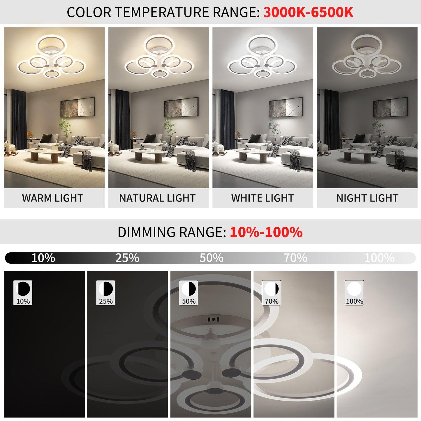 Modern LED Ceiling Light Dimmable 6 Rings Flush Mount Fixtures - okeli lights