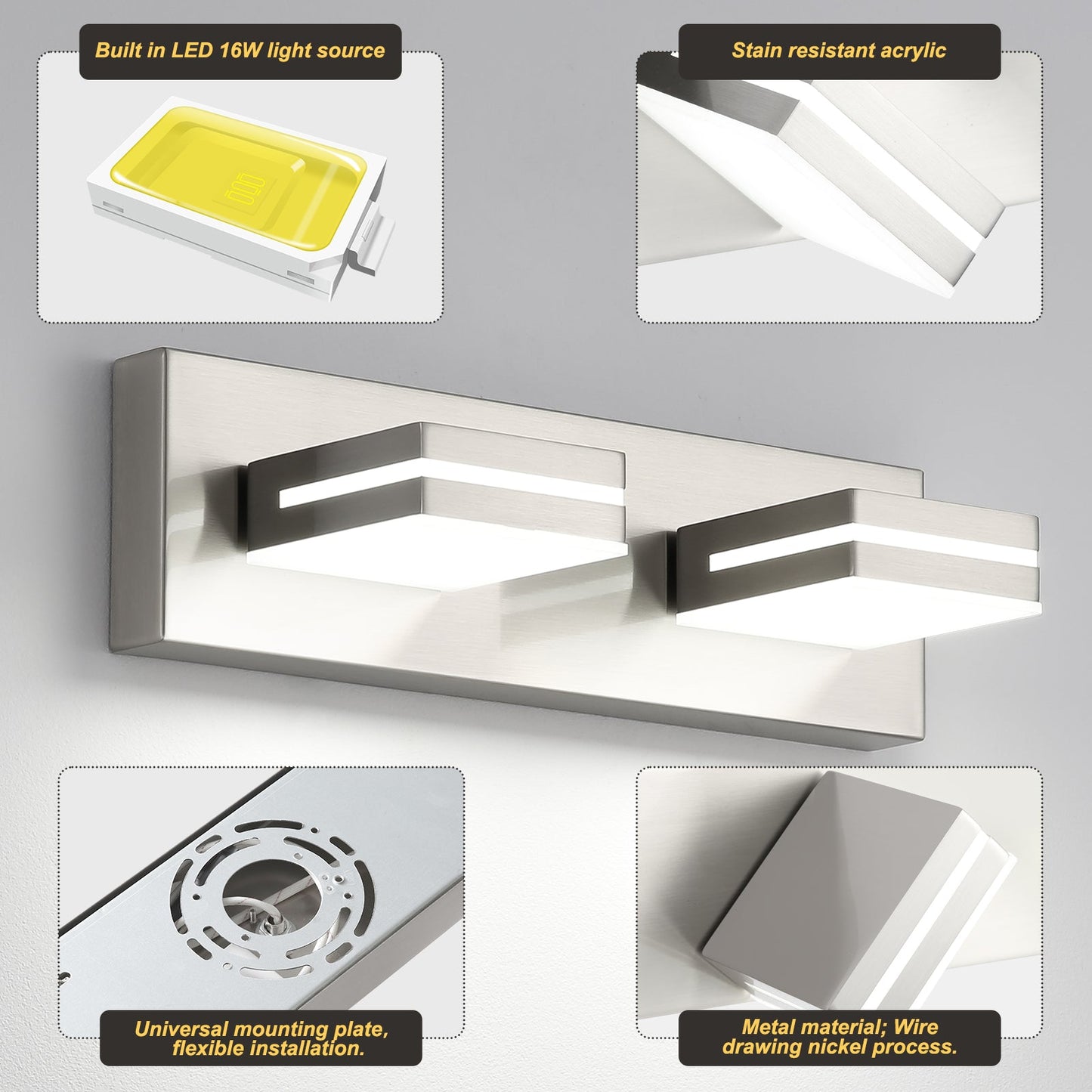 Bathroom Vanity Light Fixture 2-Light Brushed Nickel Modern Mirror Dimmable Cold White 24W ETL Listed - okeli lights
