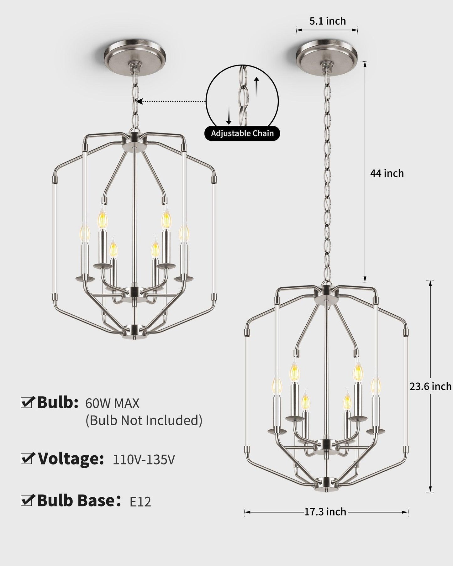 Farmhouse Chandelier 6-Light Brushed Nickel Ceiling Light - okeli lights