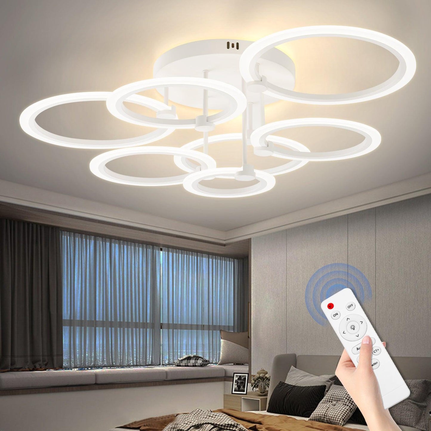 Modern LED Ceiling Light 7 Rings Dimmable Fixtures with Remote - okeli lights