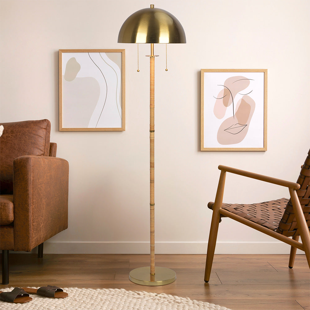 2-Light Floor Lamp Gold Brass Natural Rattan Tube Double On/Off Pull Chain - okeli lights
