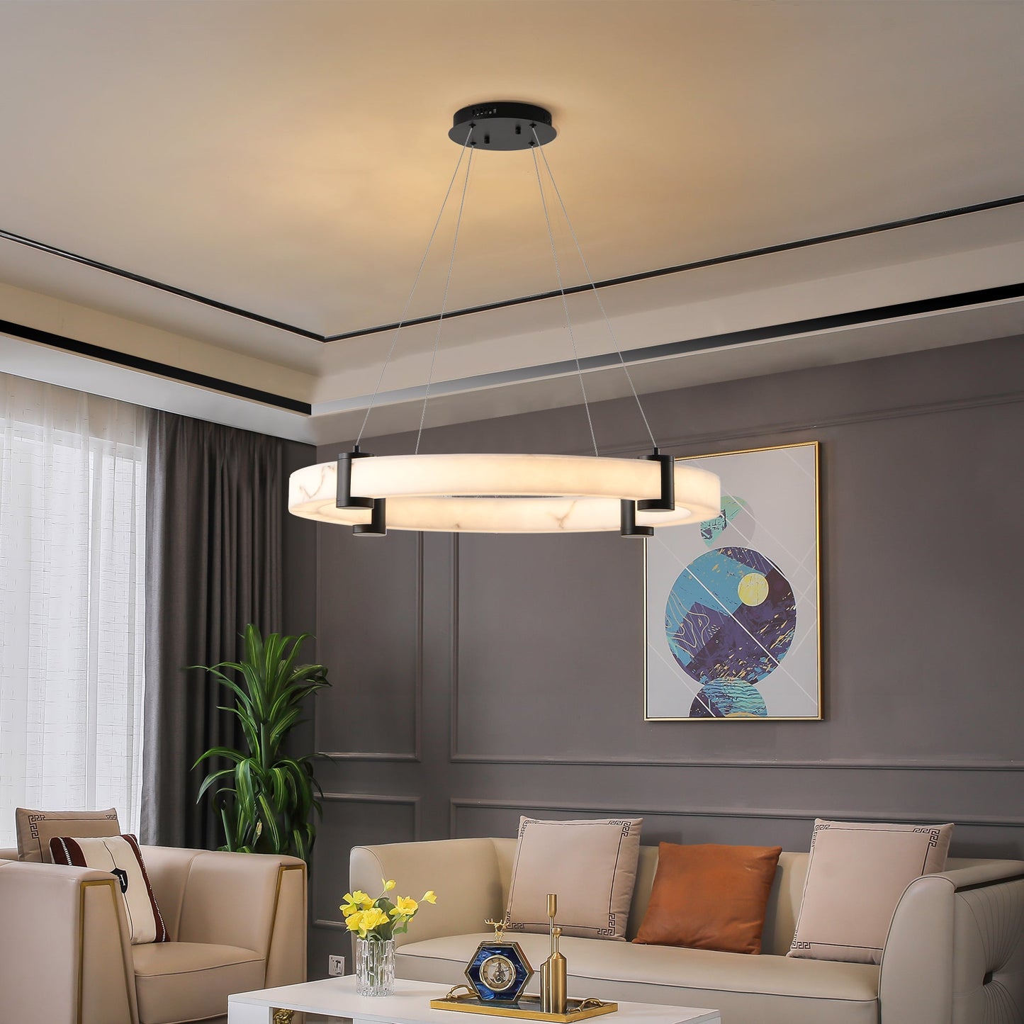 Modern LED Pendant Light, 24-Inch Round Hanging Chandelier with Adjustable Height - okeli lights