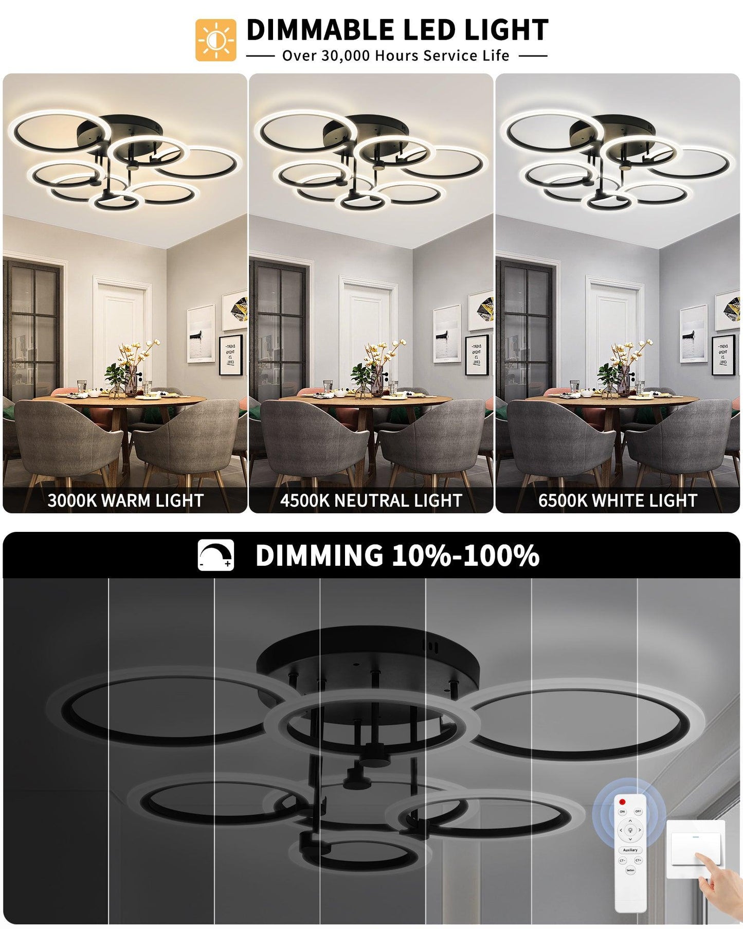 Modern LED Ceiling Light 7 Rings Dimmable Fixtures with Remote - okeli lights
