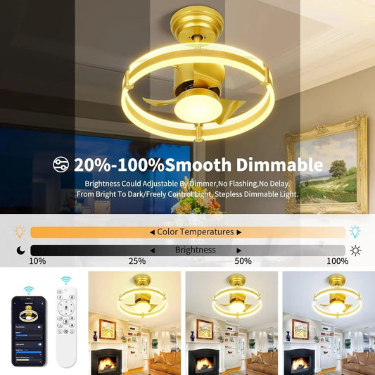 Gold Ceiling Fan, Low Profile Ceiling Fans with Lights and Remote - okeli lights