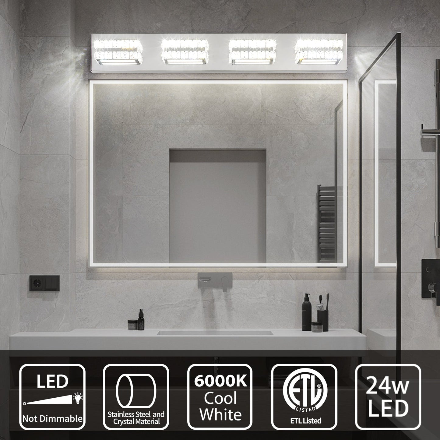 Bathroom Crystal Vanity Light Fixture LED Modern Indoor Mirror Front Lamp Dimmable 4-Lights - okeli lights