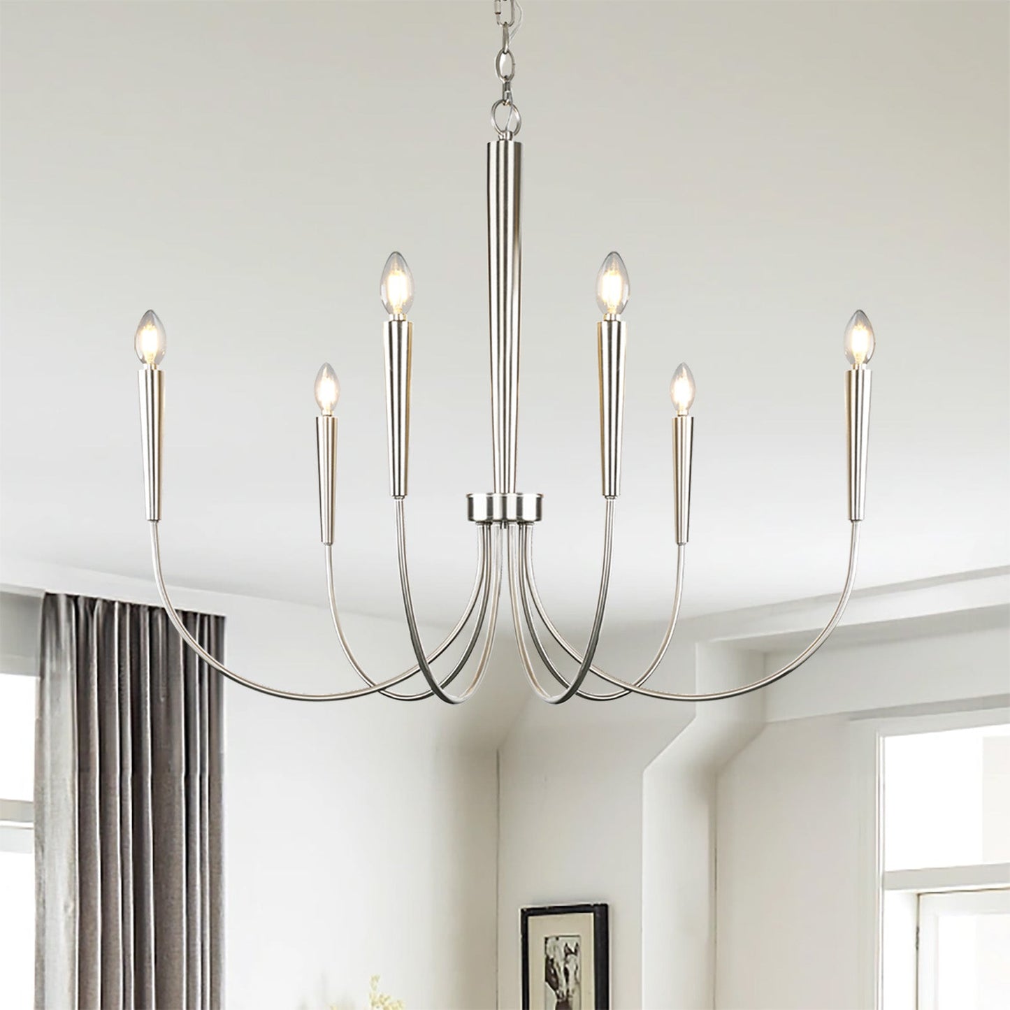 34-Inch Luxury Dimmable Brushed Nickel 6-Light Chandelier Adjustable - okeli lights