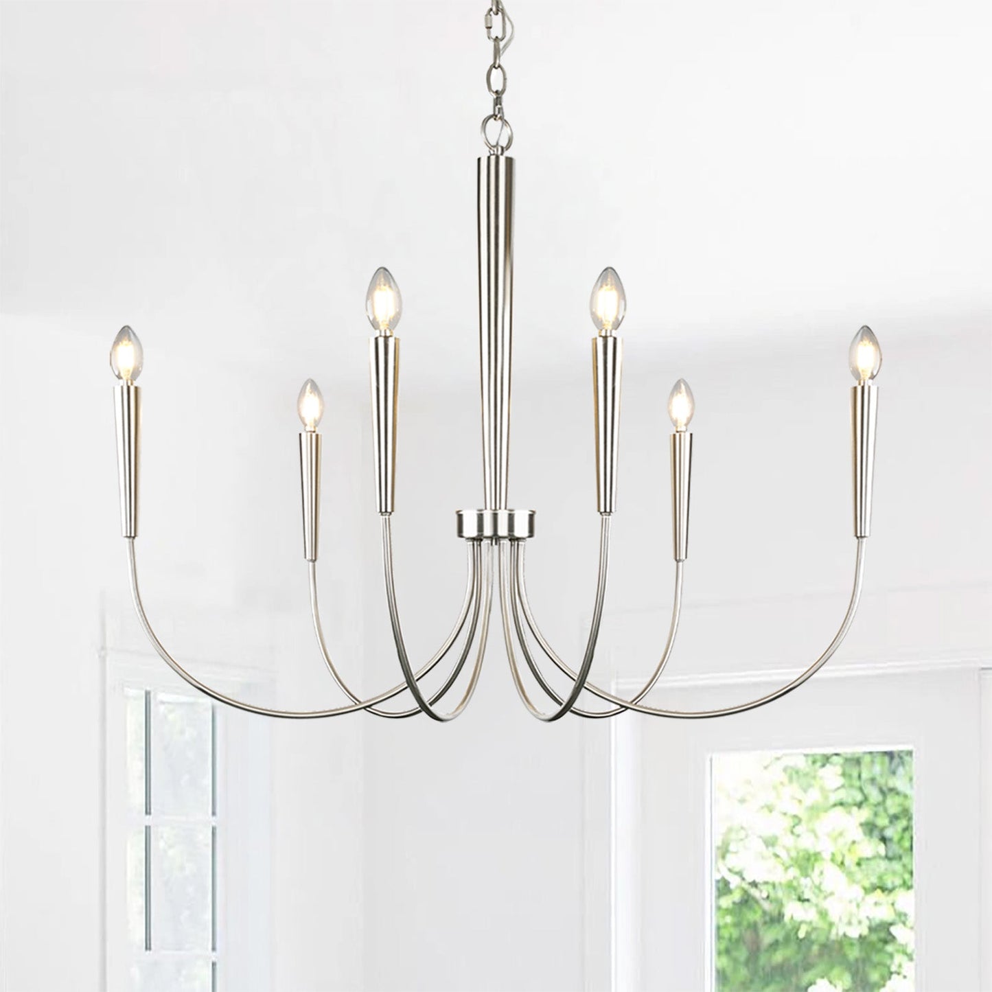 34-Inch Luxury Dimmable Brushed Nickel 6-Light Chandelier Adjustable - okeli lights