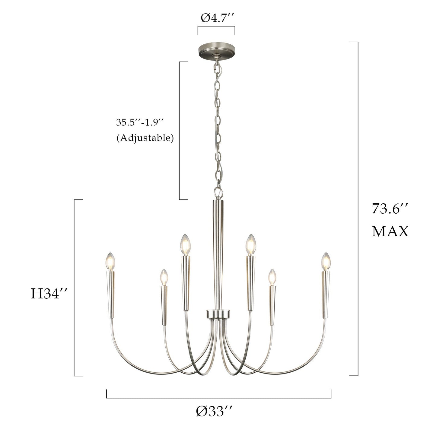 34-Inch Luxury Dimmable Brushed Nickel 6-Light Chandelier Adjustable - okeli lights