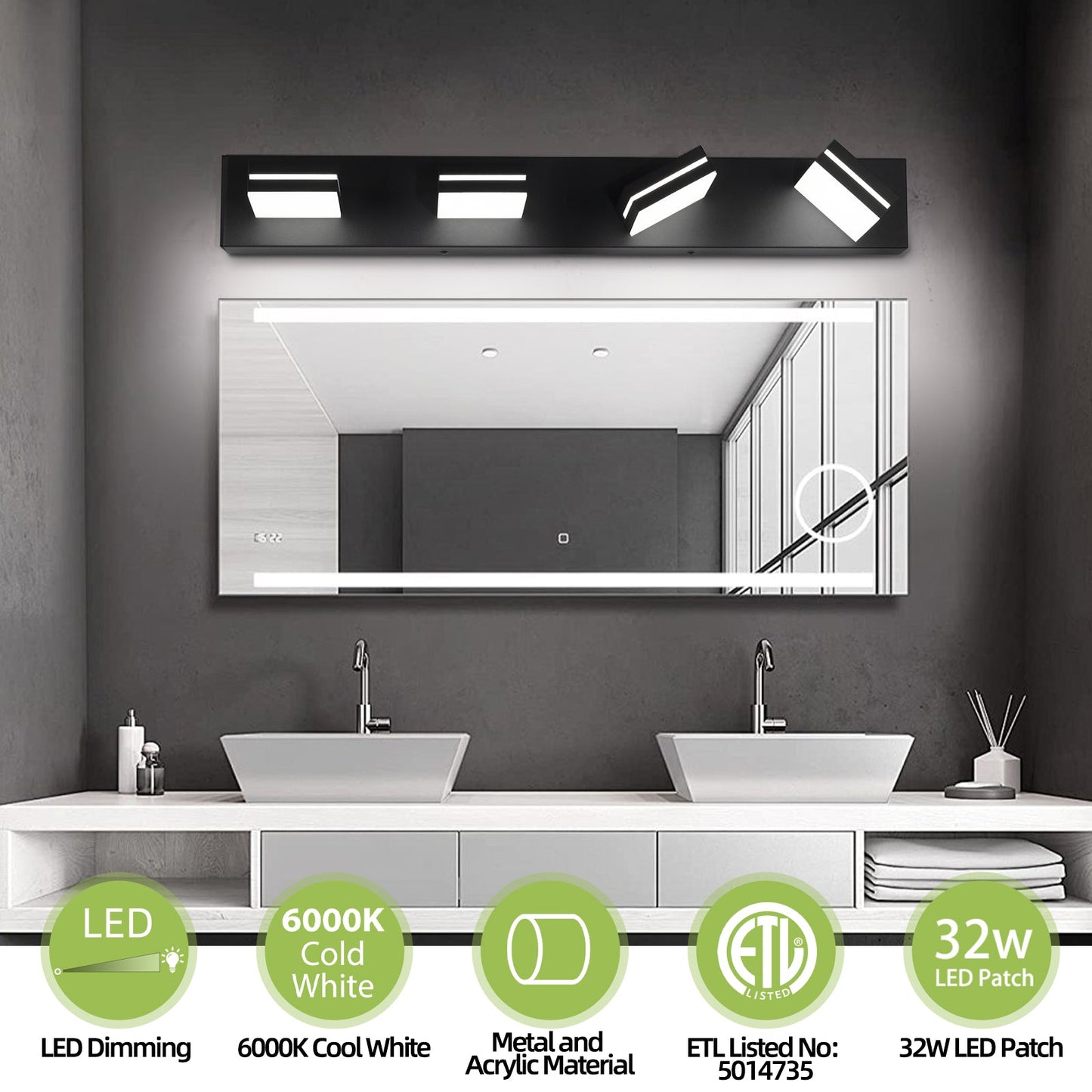 Modern Bathroom Light Fixtures Dimmable 4 Light Black Bathroom Vanity Light 360°Rotatable - okeli lights