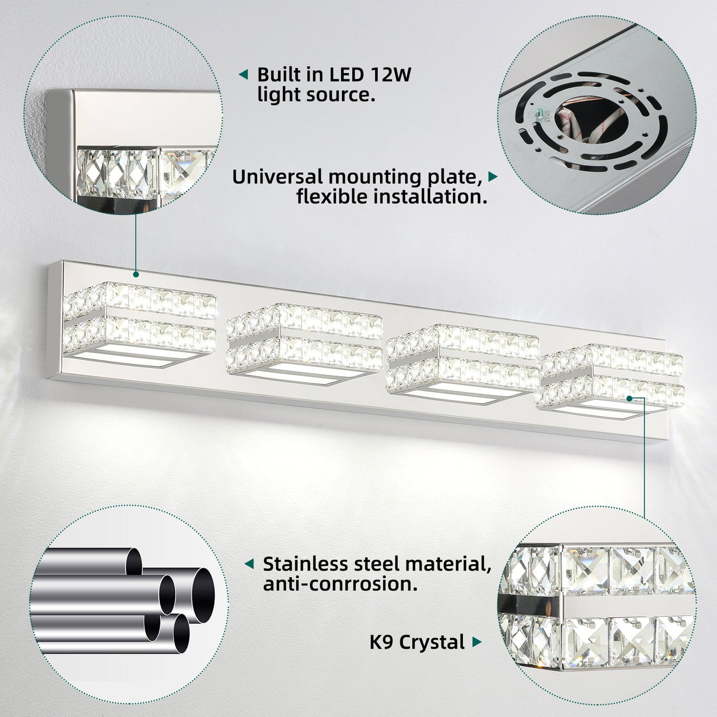 Bathroom Crystal Vanity Light Fixture LED Modern Indoor Mirror Front Lamp Dimmable 4-Lights - okeli lights