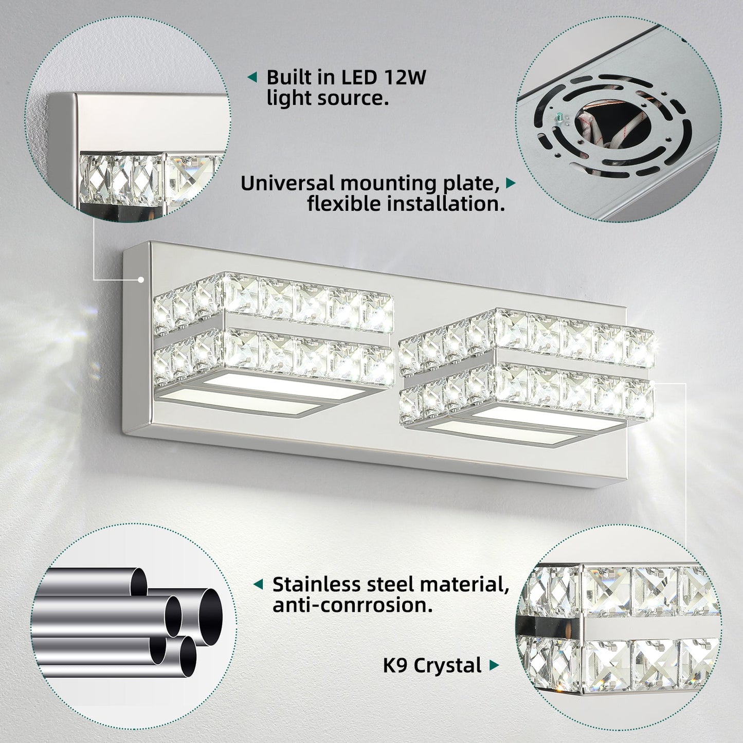 Crystal Bathroom Lighting Fixtures Over Mirror 2Light Chrome Modern Vanity Wall Light - okeli lights