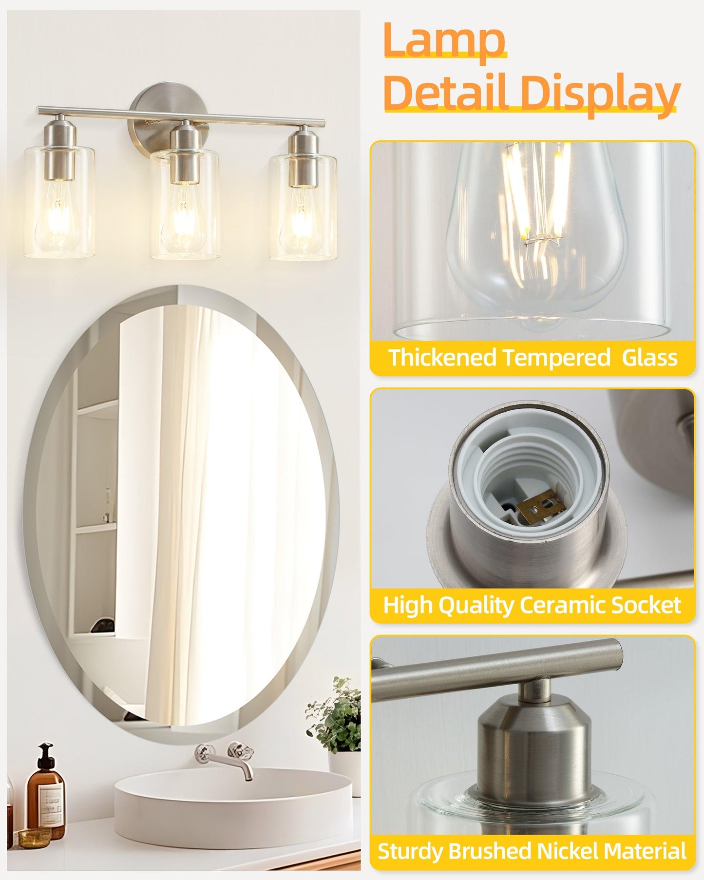 Bathroom Vanity Light Brushed Nickel Fixtures with Clear Glass Shade - okeli lights