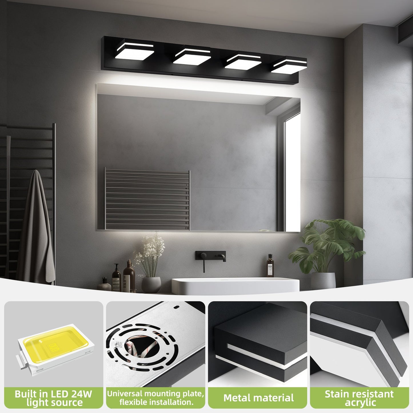 Modern Bathroom Light Fixtures Dimmable 4 Light Black Bathroom Vanity Light 360°Rotatable - okeli lights