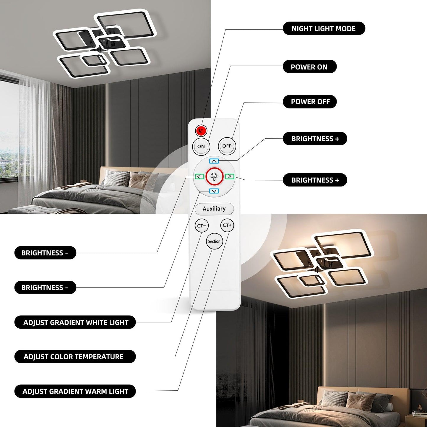 Modern Ceiling Light LED Dimmable Acrylic Square 6+1 Rings with Remote - okeli lights