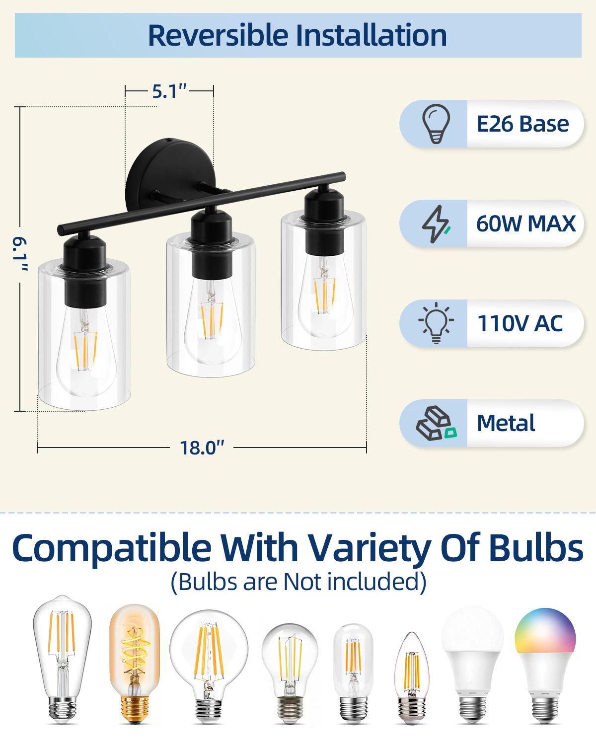 Black Bathroom Vanity Lights with Clear Glass Shade Wall Lighting - okeli lights