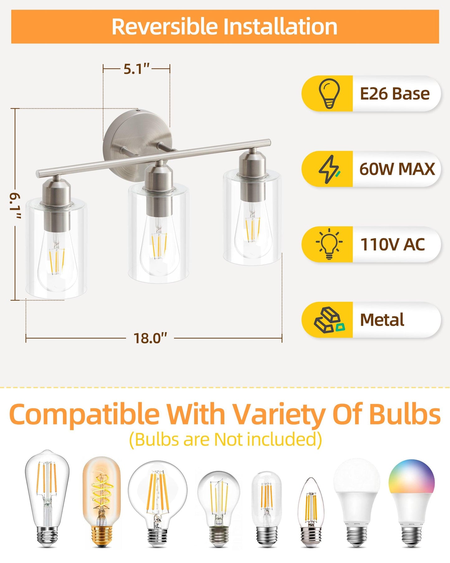 Bathroom Vanity Light Brushed Nickel Fixtures with Clear Glass Shade - okeli lights