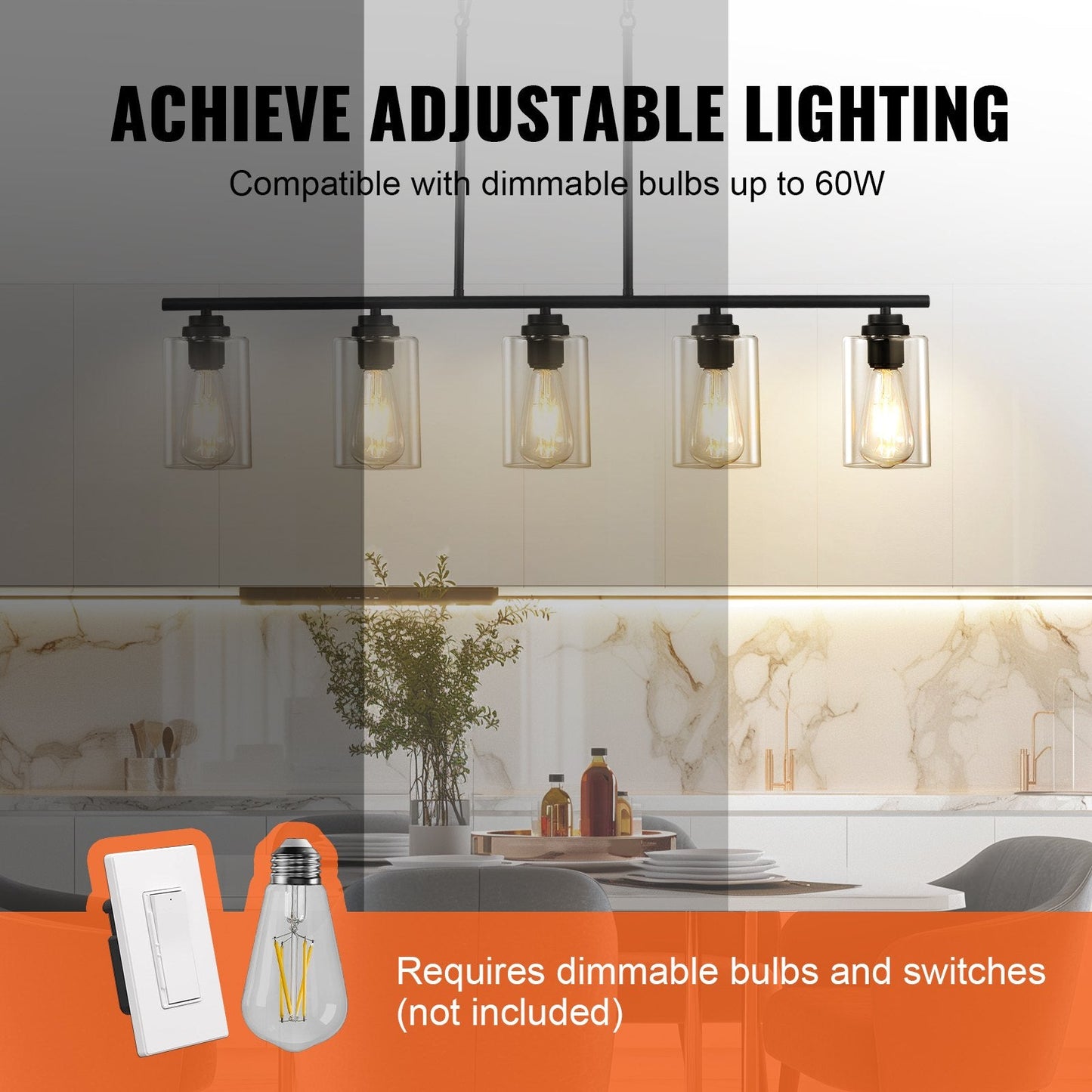 5-Light Kitchen Island Pendant Lights 60W Adjustable Dining Room Light E26 - okeli lights