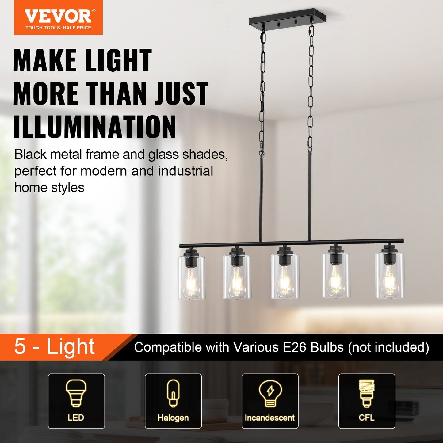 5-Light Kitchen Island Pendant Lights 60W Adjustable Dining Room Light E26 - okeli lights