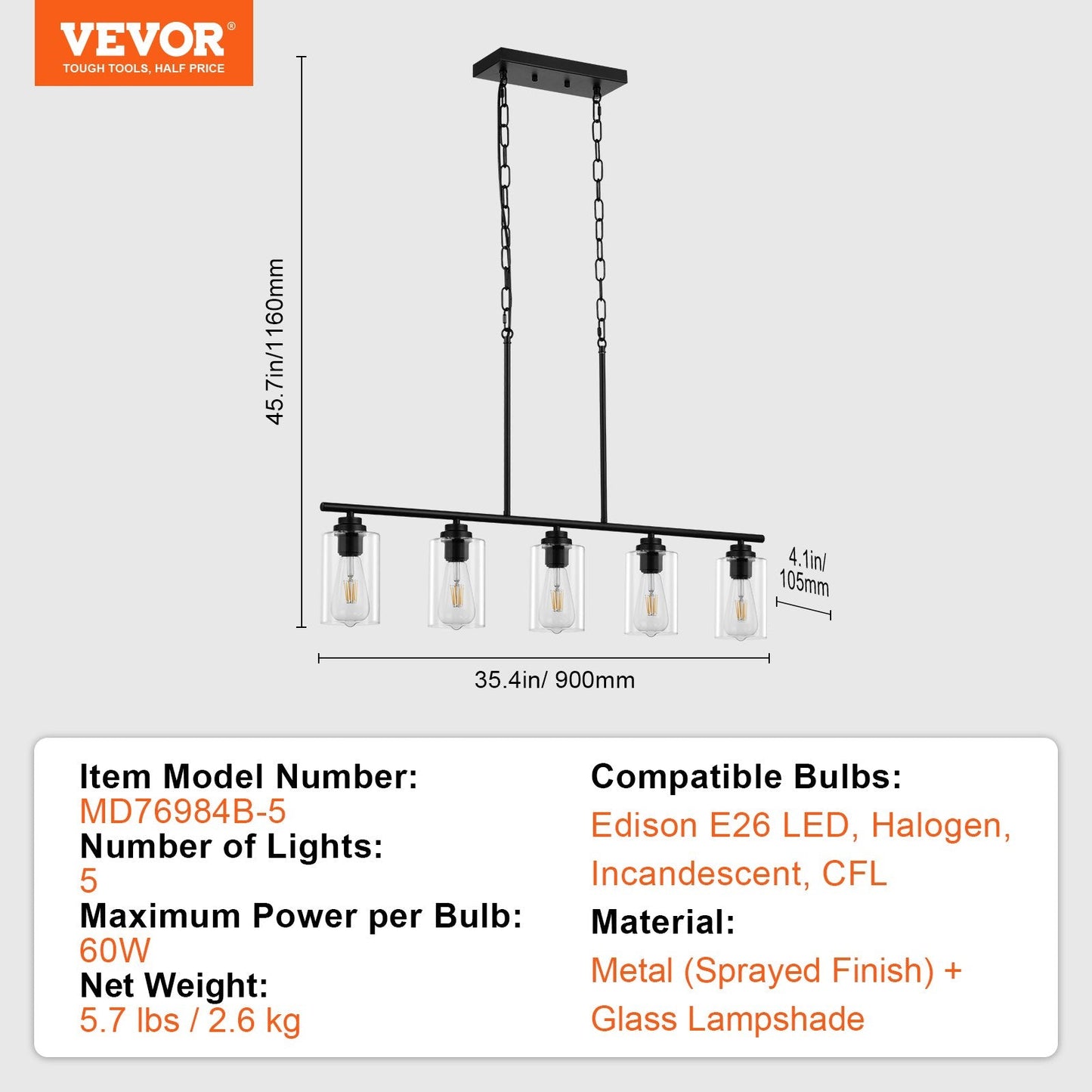 5-Light Kitchen Island Pendant Lights 60W Adjustable Dining Room Light E26 - okeli lights