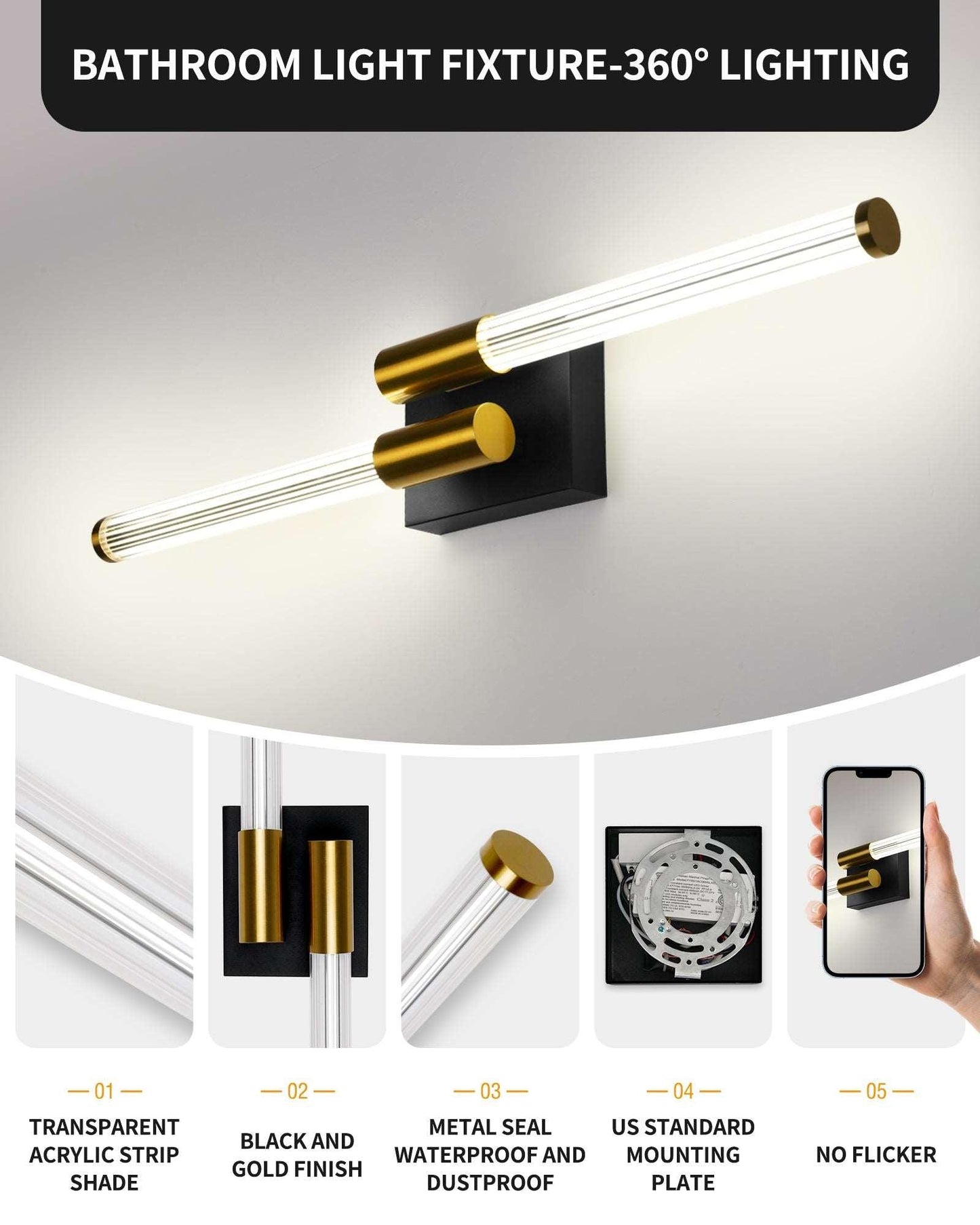 Black and Gold Bathroom Light Fixture Modern Vanity Light 360° Over Mirror - okeli lights