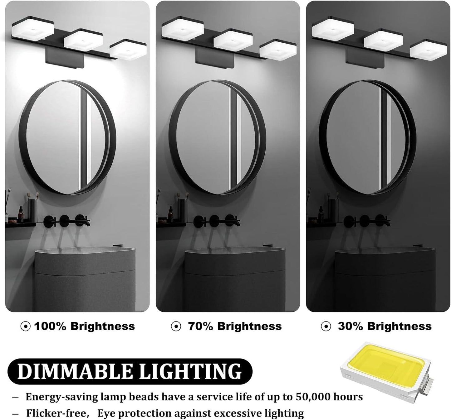 OKELI LED Modern Black Bathroom Vanity Lights Acrylic Stainless Steel Dimmable - okeli lights