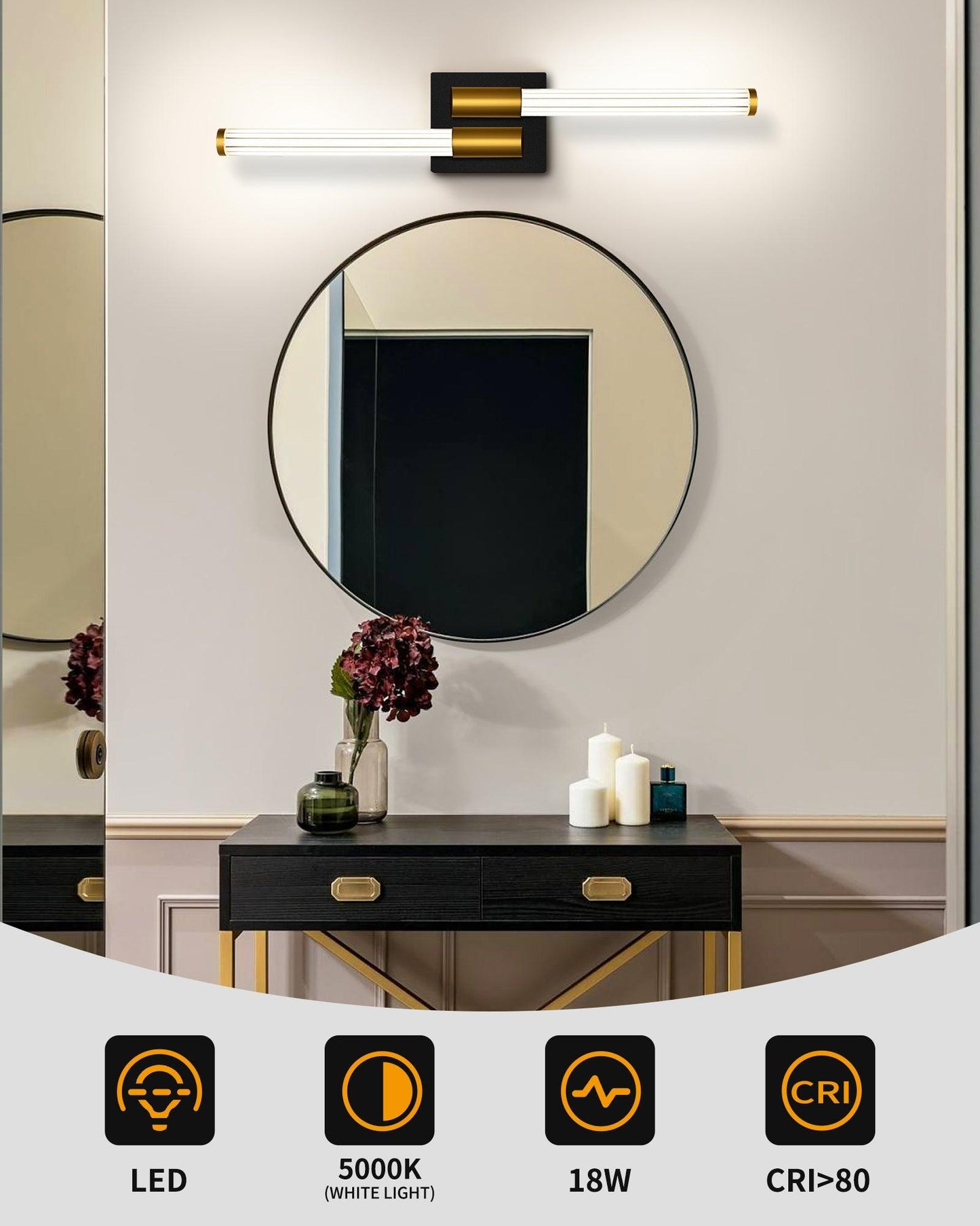 Black and Gold Bathroom Light Fixture Modern Vanity Light 360° Over Mirror - okeli lights
