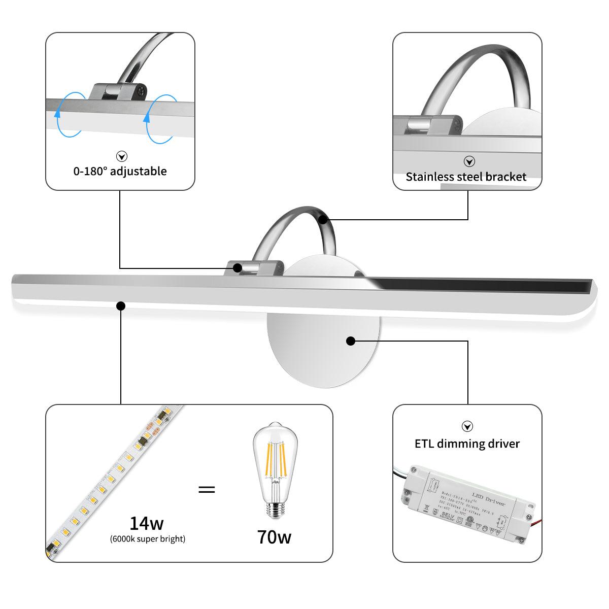 Bathroom Light Fixtures 180°Rotatable Dimmable LED Vanity Light Stainless Steel - okeli lights