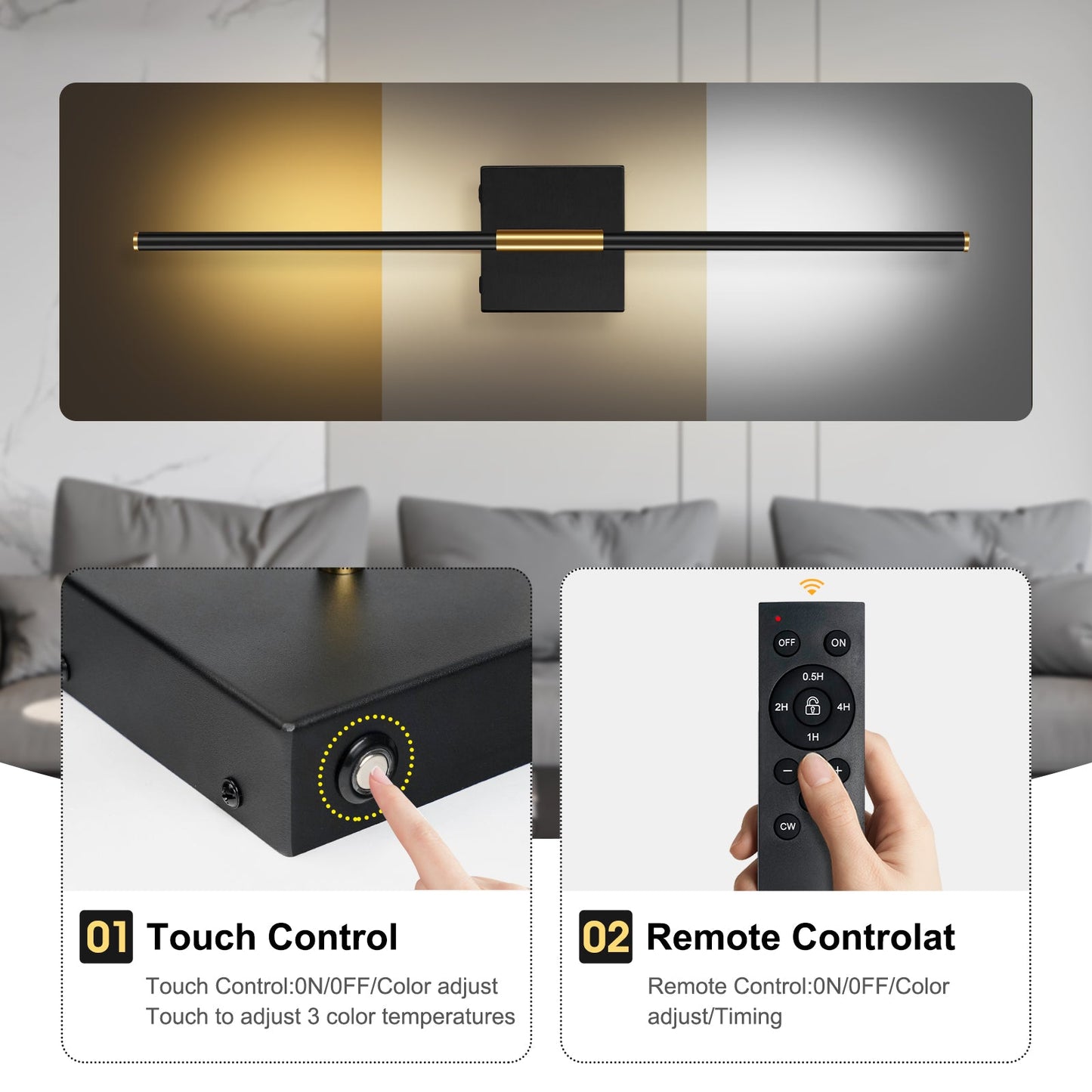 Battery Operated Wall Sconces 2-Pack 350° Rotate LED Wireless Rechargeable with Remote Control - okeli lights
