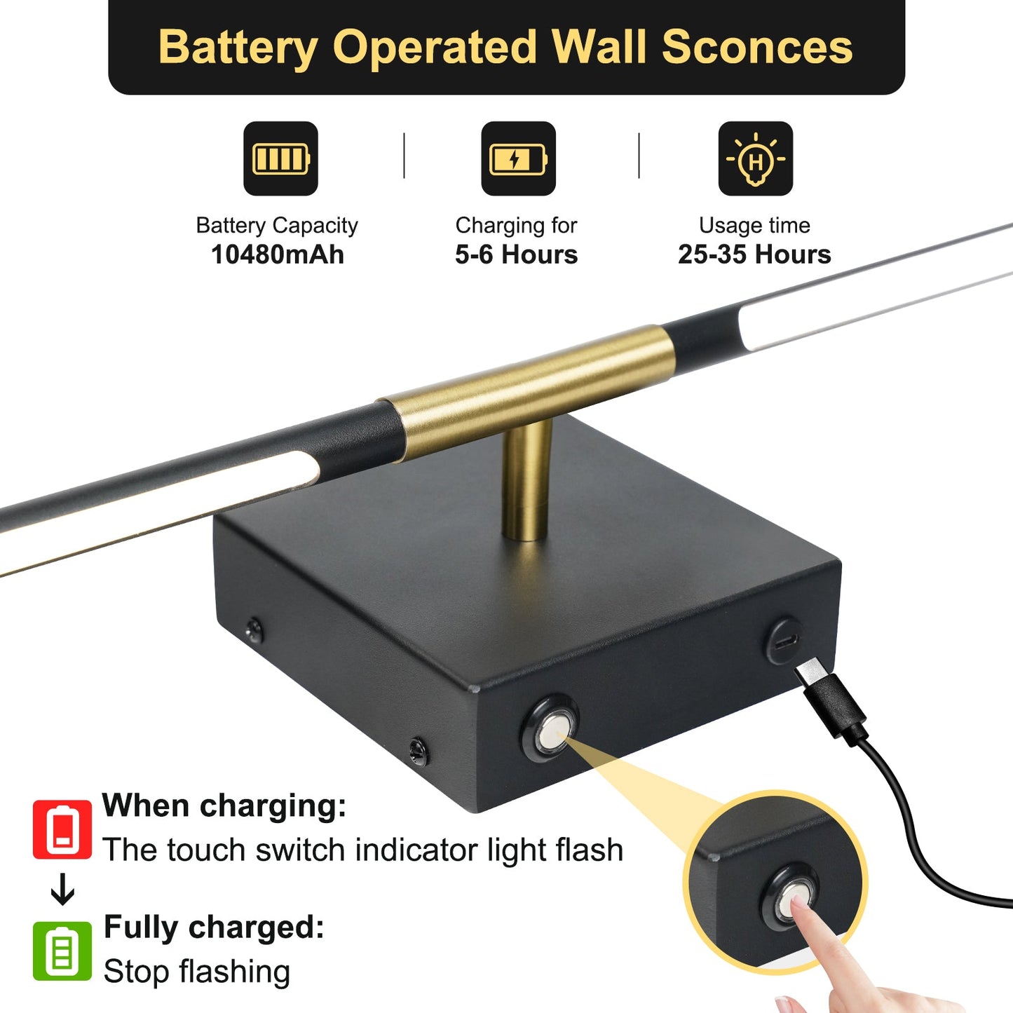 Battery Operated Wall Sconces 2-Pack 350° Rotate LED Wireless Rechargeable with Remote Control - okeli lights