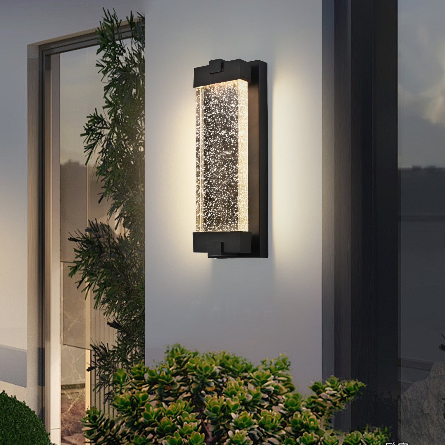Black Aluminum Finish Outdoor Wall Light with Bubble Crystal Glass 3000K 1-pack - okeli lights