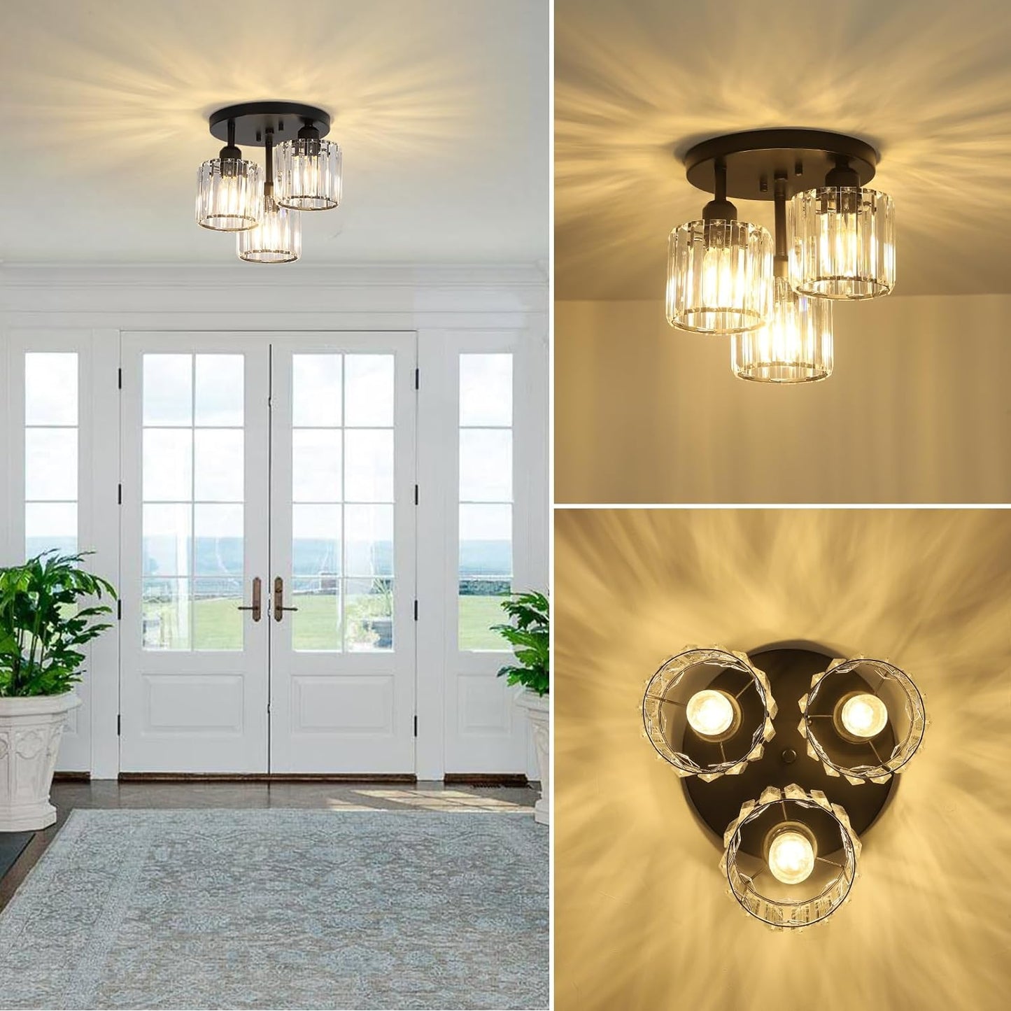 Crystal Semi Flush Mount Ceiling Light 3-Light Black Kitchen Light Fixtures with Clear Crystal Shade - okeli lights