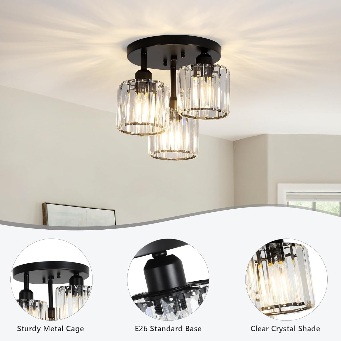 Crystal Semi Flush Mount Ceiling Light 3-Light Black Kitchen Light Fixtures with Clear Crystal Shade - okeli lights
