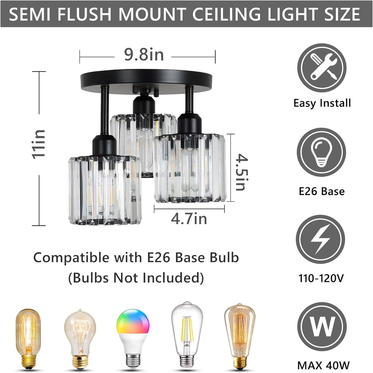 Crystal Semi Flush Mount Ceiling Light 3-Light Black Kitchen Light Fixtures with Clear Crystal Shade - okeli lights