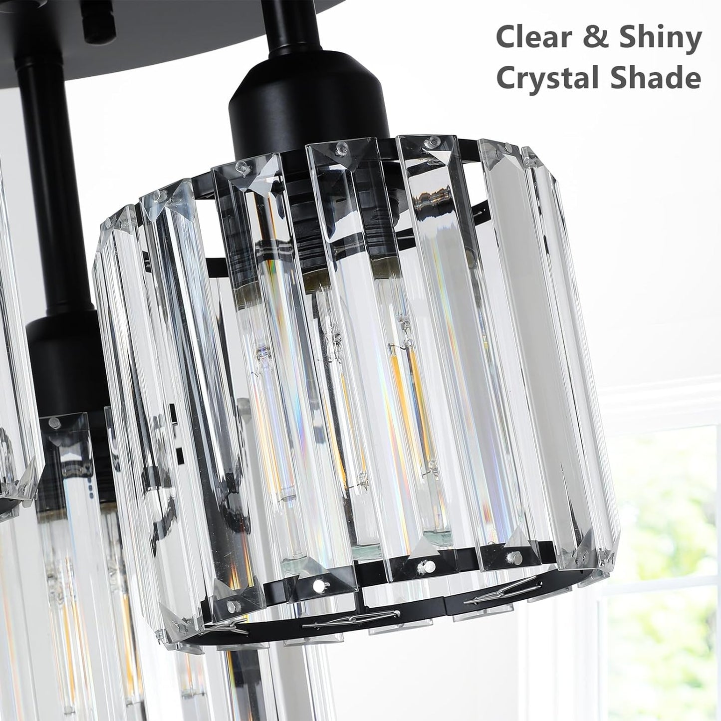 Crystal Semi Flush Mount Ceiling Light 3-Light Black Kitchen Light Fixtures with Clear Crystal Shade - okeli lights