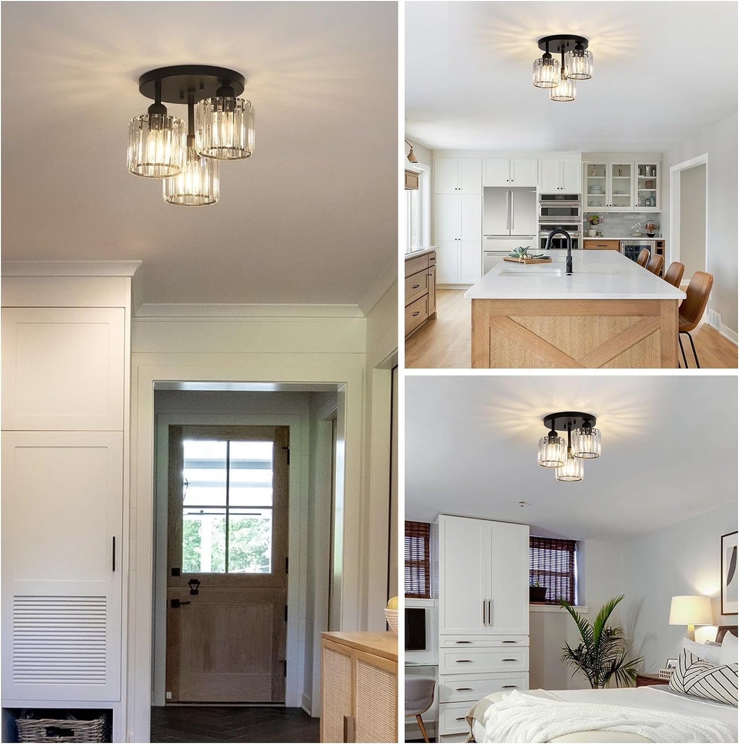 Crystal Semi Flush Mount Ceiling Light 3-Light Black Kitchen Light Fixtures with Clear Crystal Shade - okeli lights