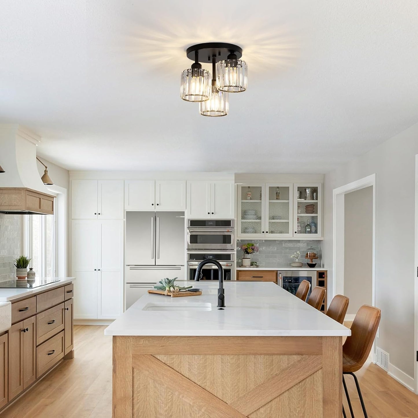 Crystal Semi Flush Mount Ceiling Light 3-Light Black Kitchen Light Fixtures with Clear Crystal Shade - okeli lights