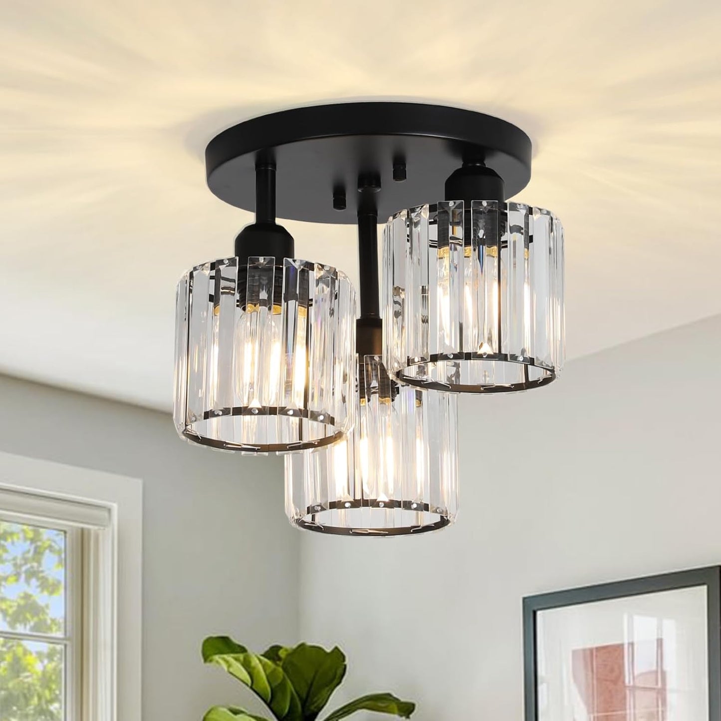 Crystal Semi Flush Mount Ceiling Light 3-Light Black Kitchen Light Fixtures with Clear Crystal Shade - okeli lights
