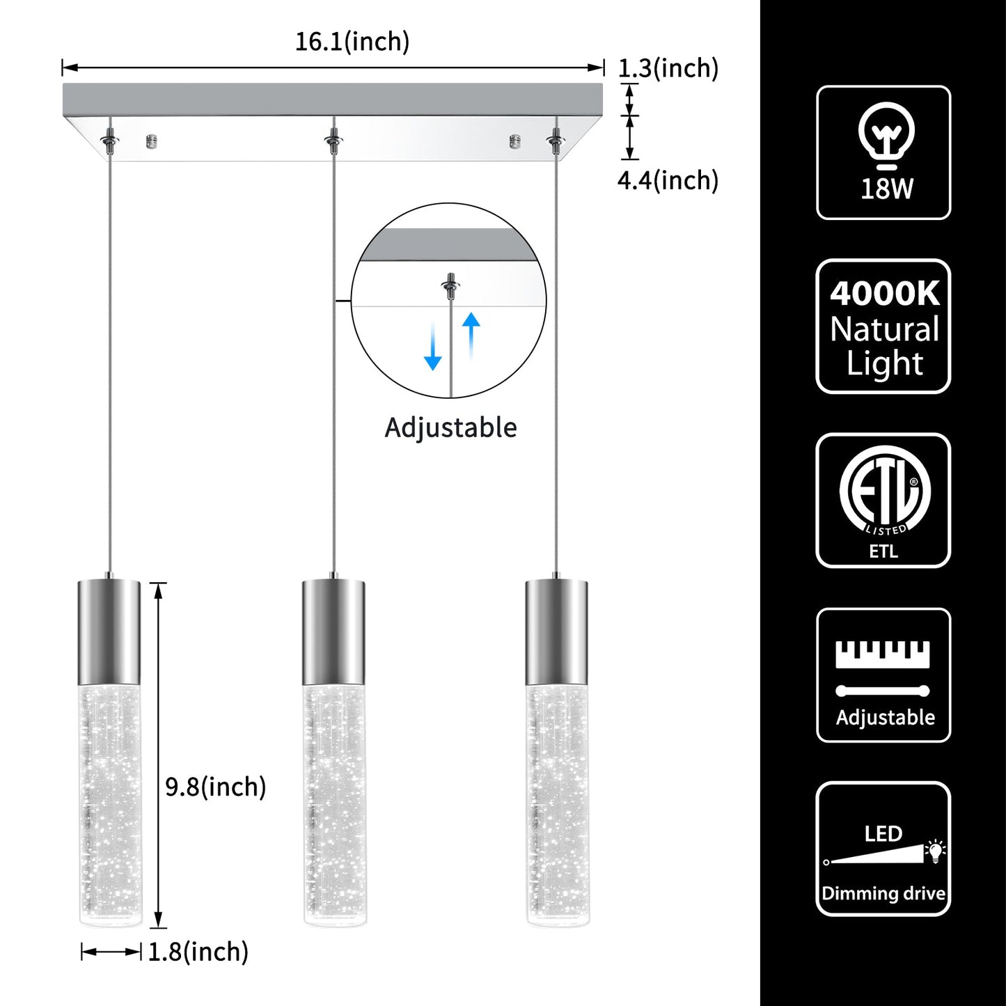 Dimmable LED Pendant Light Modern 3-Light Bubble Crystal 6000K 18W 1350LM Electro-Chrome Square - okeli lights