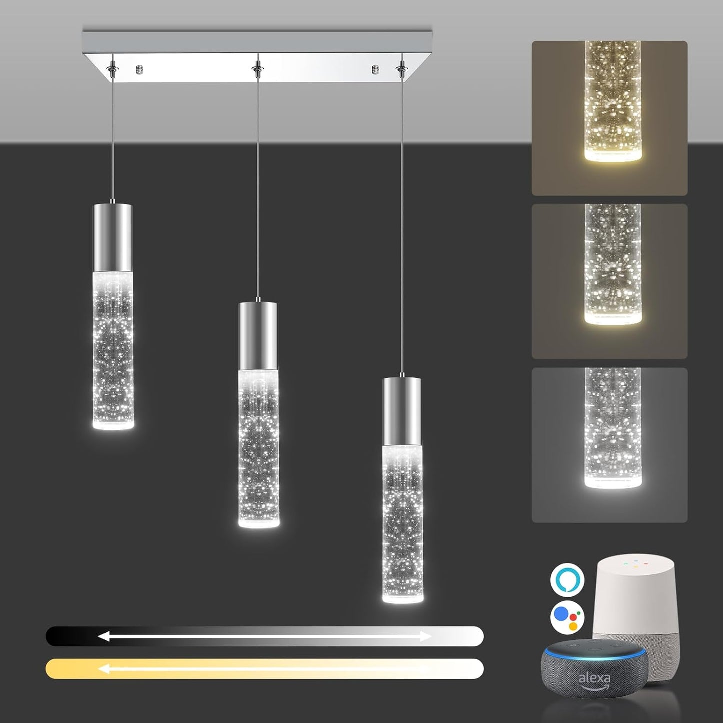 Dimmable LED Pendant Light Modern 3-Light Bubble Crystal 6000K 18W 1350LM Electro-Chrome Square - okeli lights