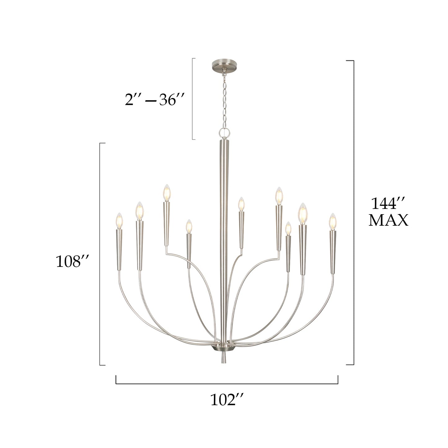 Chandelier with dimensions labeled on a white background