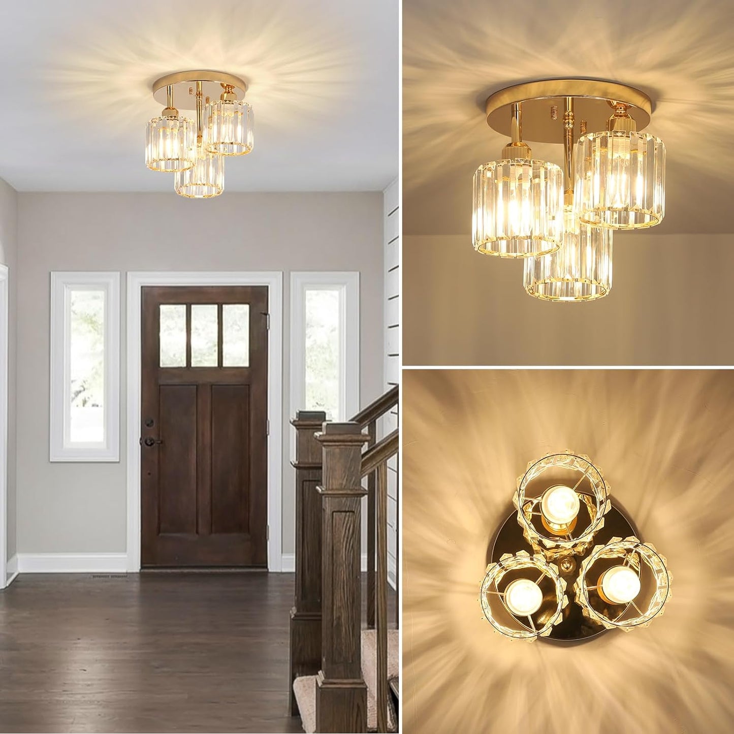 Semi Flush Mount Ceiling Light 3-Light Crystal Close to Ceiling Light Fixtures Golden - okeli lights