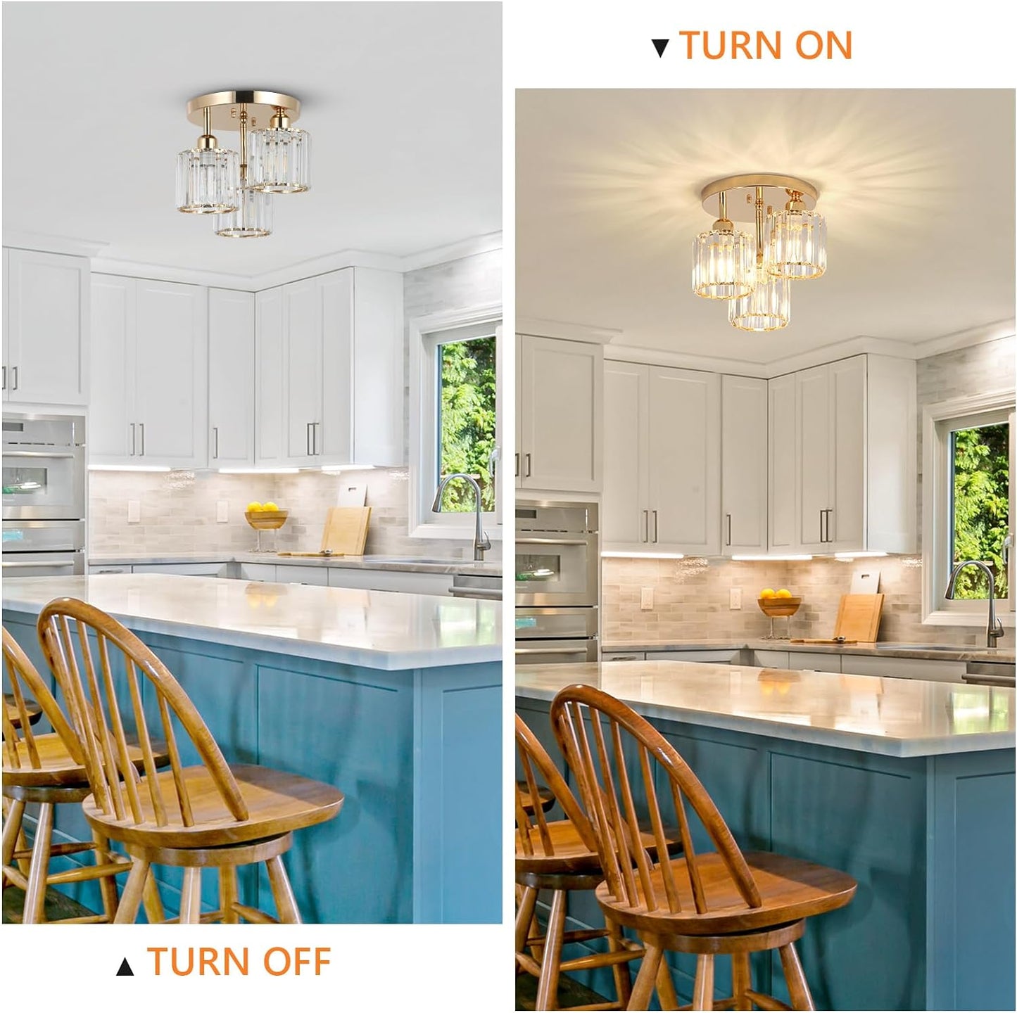 Semi Flush Mount Ceiling Light 3-Light Crystal Close to Ceiling Light Fixtures Golden - okeli lights
