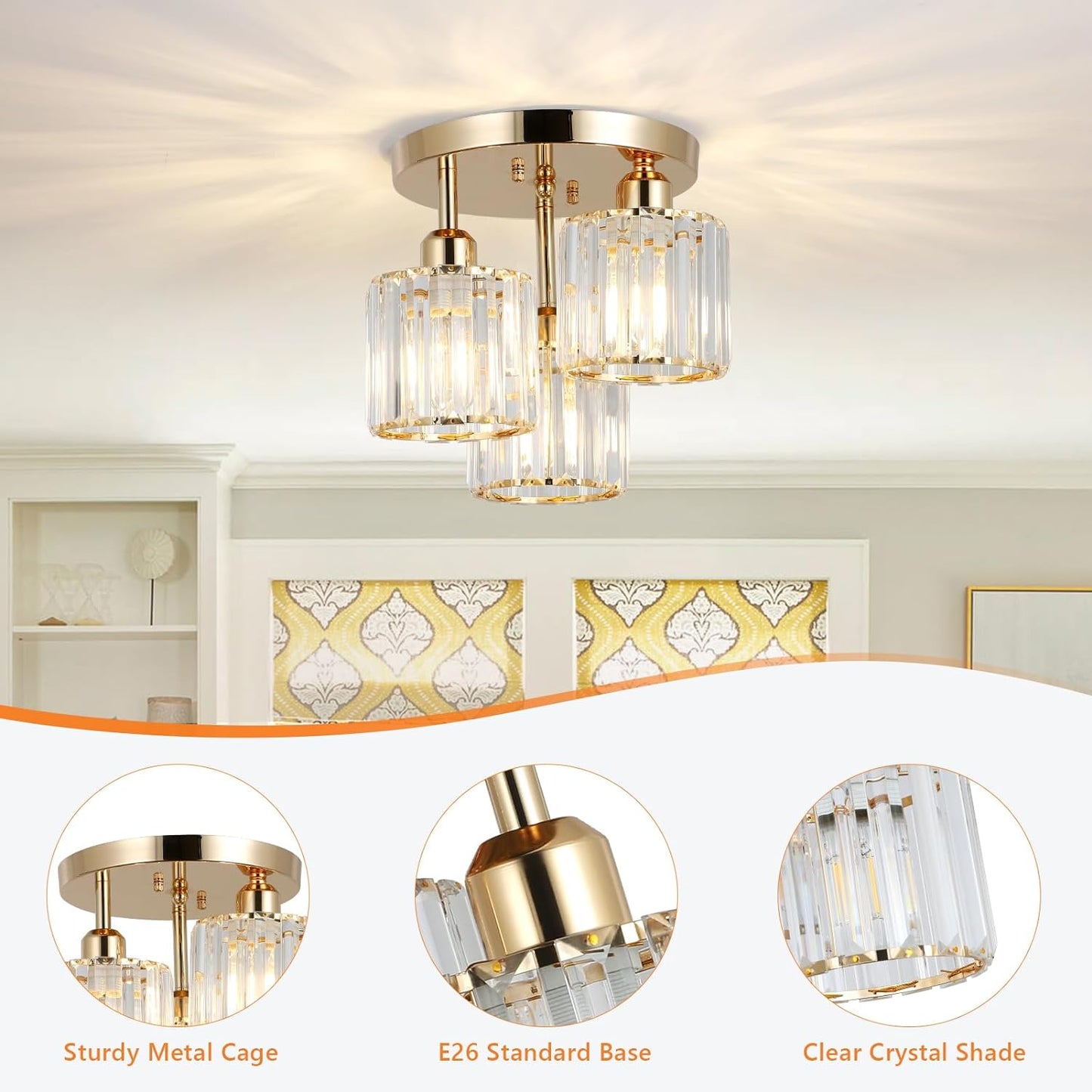 Semi Flush Mount Ceiling Light 3-Light Crystal Close to Ceiling Light Fixtures Golden - okeli lights