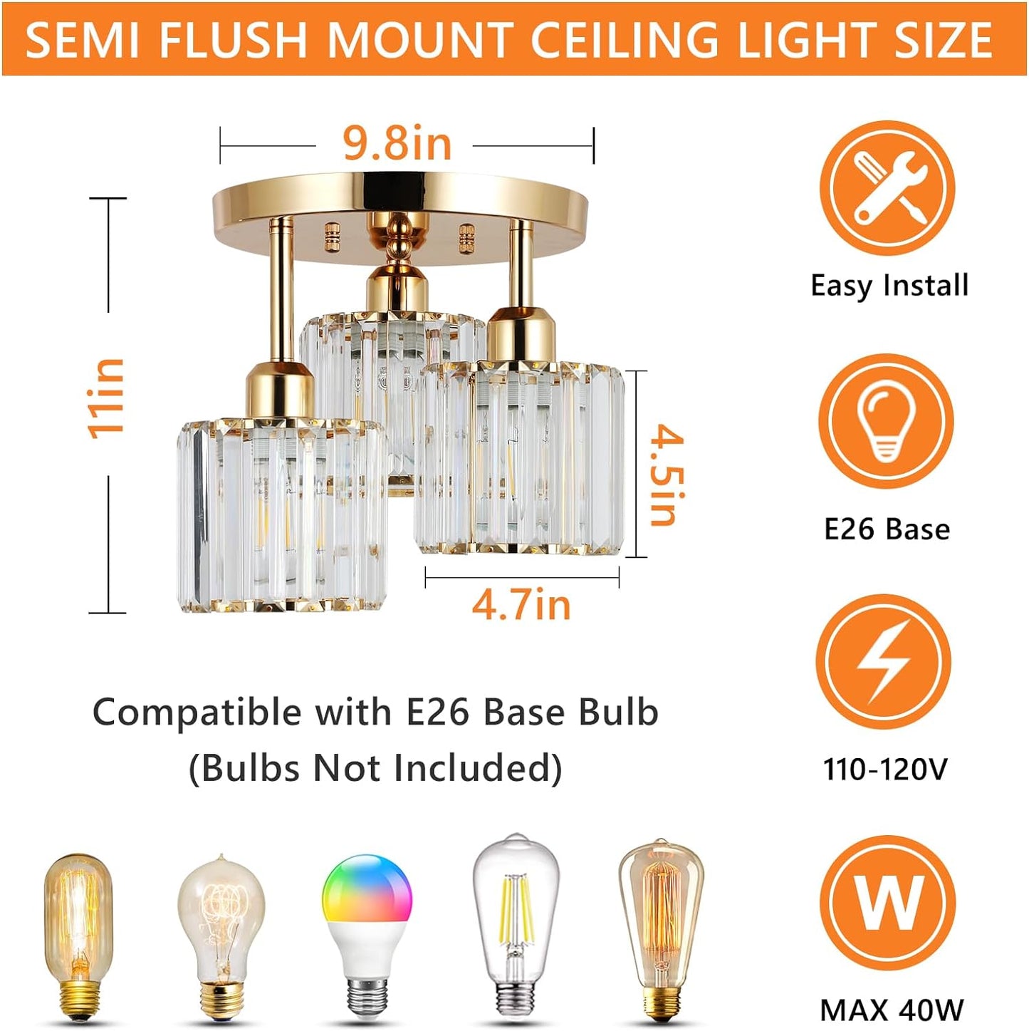 Semi Flush Mount Ceiling Light 3-Light Crystal Close to Ceiling Light Fixtures Golden - okeli lights