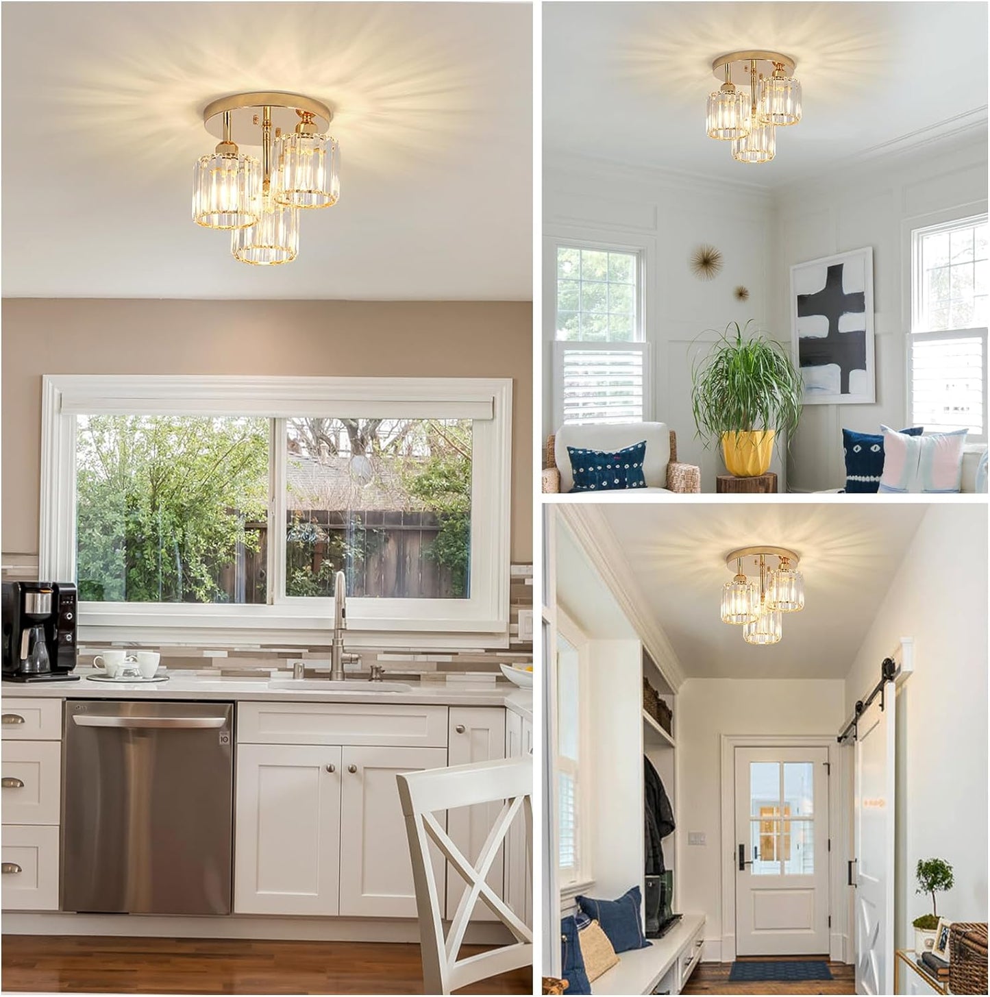 Semi Flush Mount Ceiling Light 3-Light Crystal Close to Ceiling Light Fixtures Golden - okeli lights