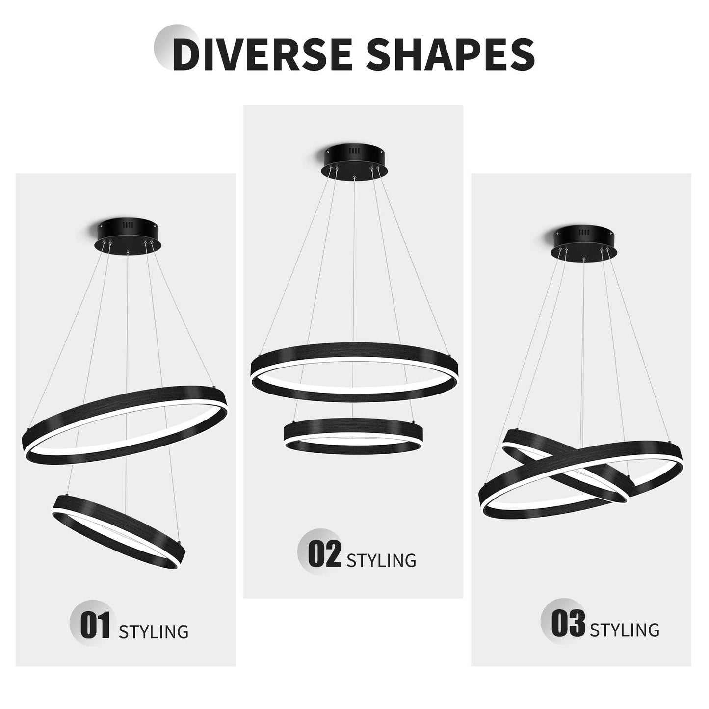 OKELI Modern LED Black Chandelier,Dimmable Circular Pendant Lights 2-Rings - okeli lights