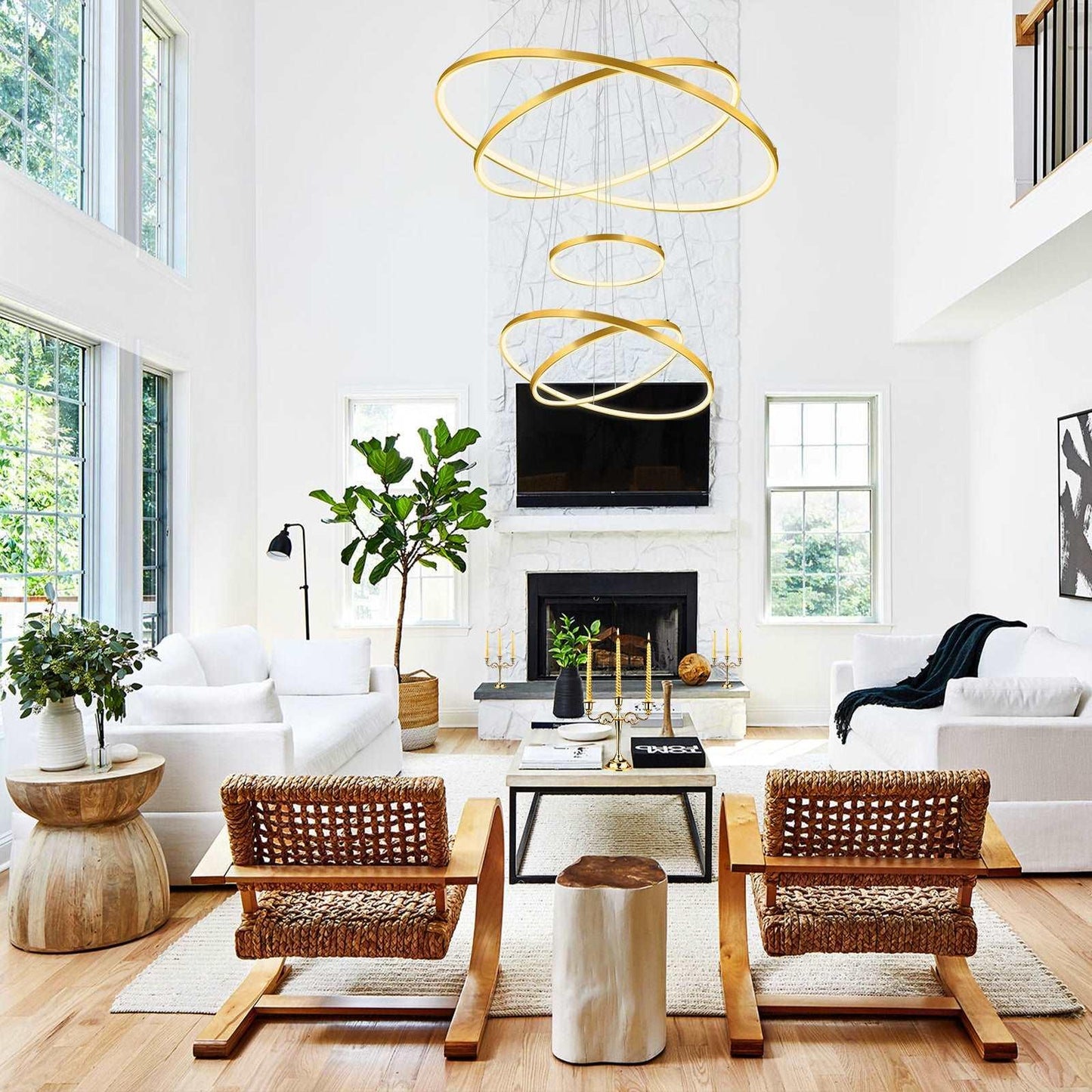 OKELI Modern LED 5 Rings Gold Large Chandelier, Dimmable High Ceiling Foyer Chandelier Light Fixtures - okeli lights